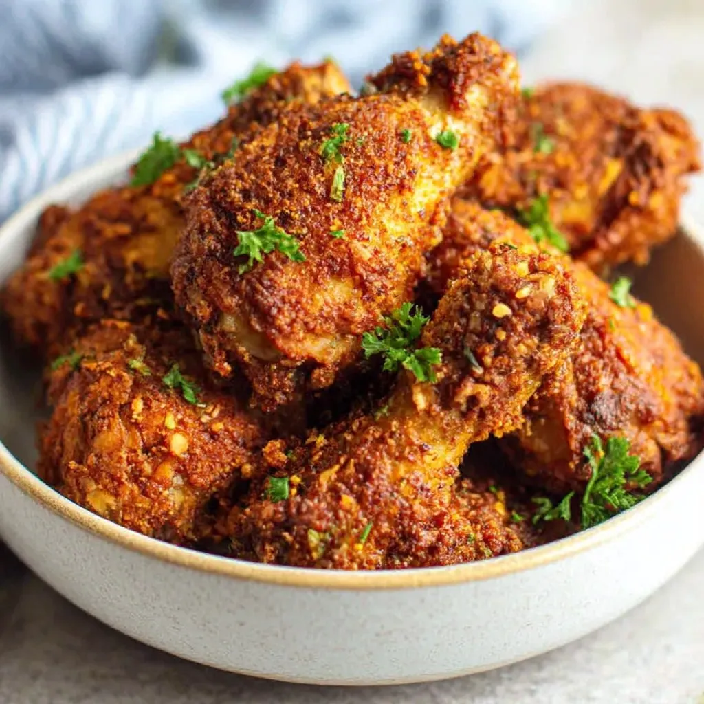 A bowl of chicken with greens and spices.