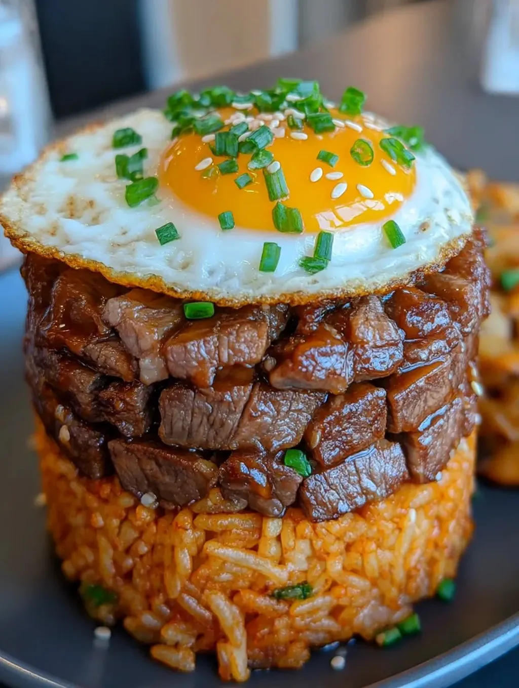 A stack of rice with a fried egg on top.