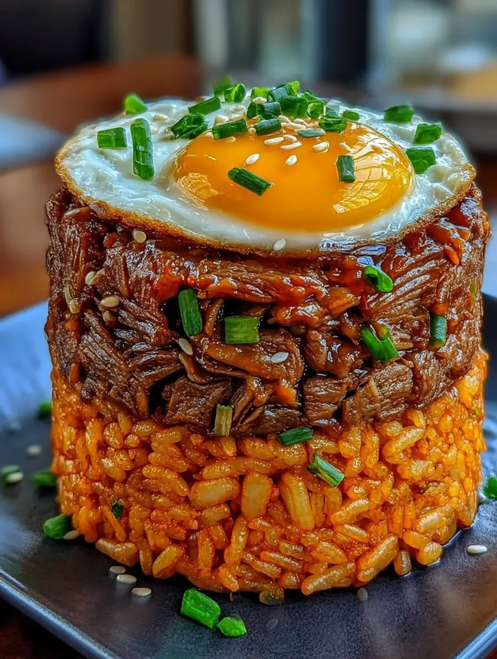A stack of rice with a fried egg on top.