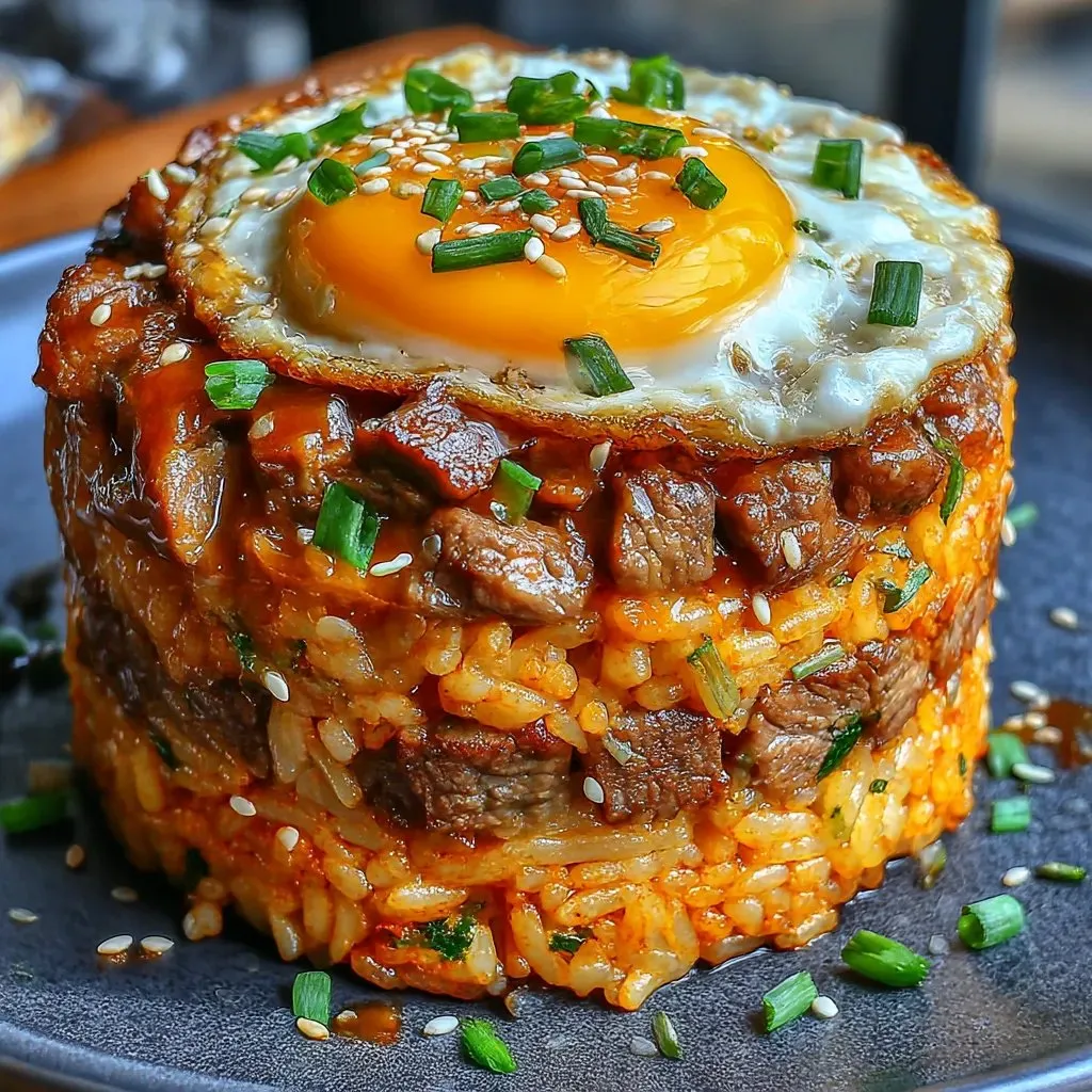 A stack of rice with meat on top.