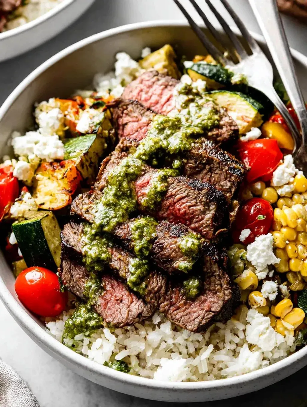 A bowl of food with meat and vegetables.
