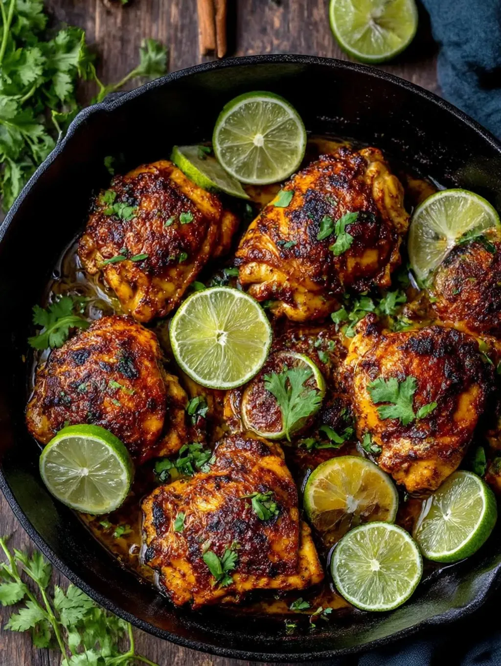 A bowl of chili lime chicken with limes on top.