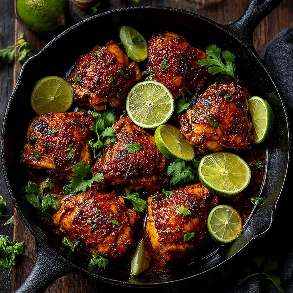 A pan of chili lime chicken with limes and cilantro.