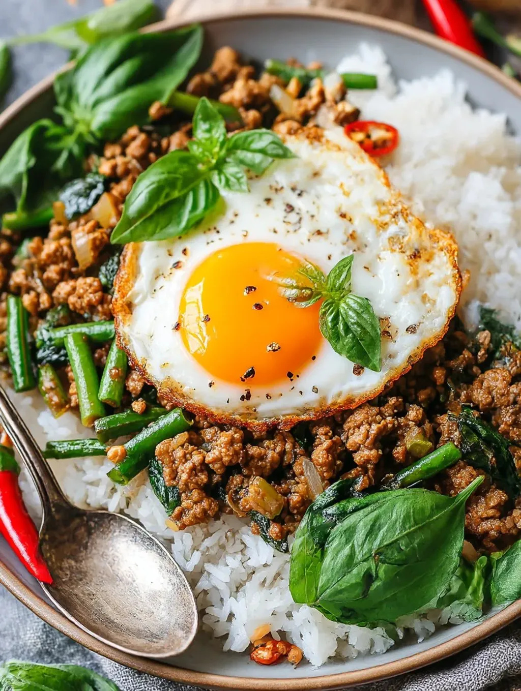 A plate of Thai Basil Chicken Pad Krapow.