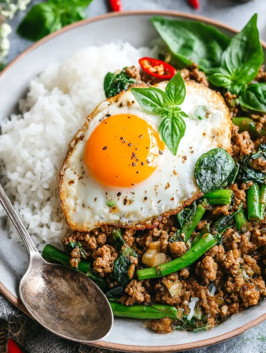 A plate of Thai Basil Chicken Pad Krapow with rice and greens.