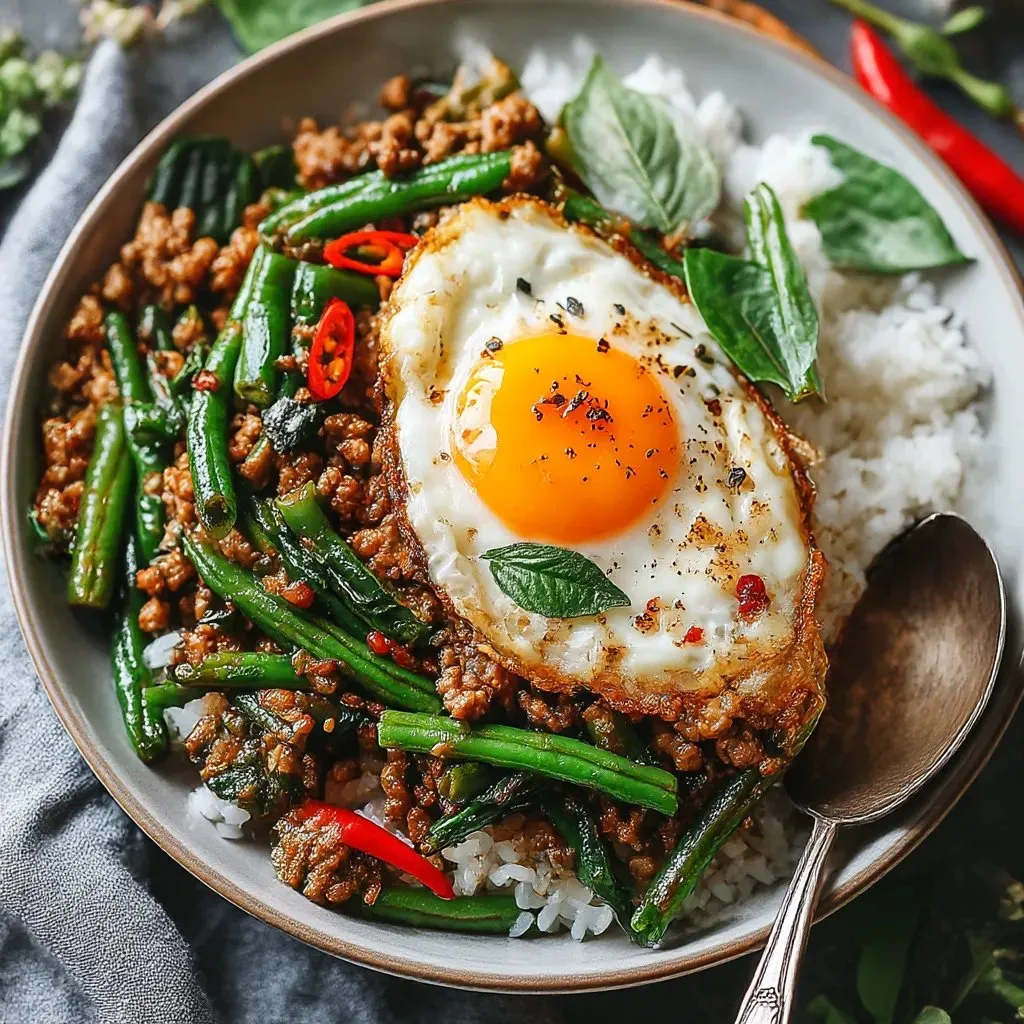 A plate of Thai Basil Chicken Pad Krapow.