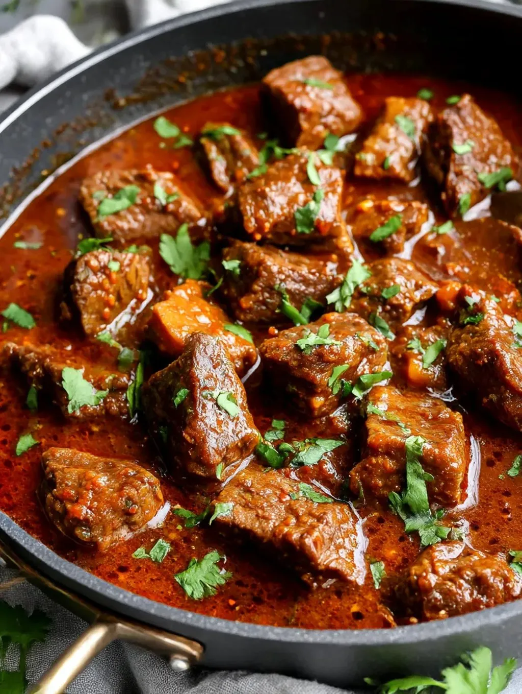 A bowl of meat with tomatoes, asparagus, garlic, and herbs.