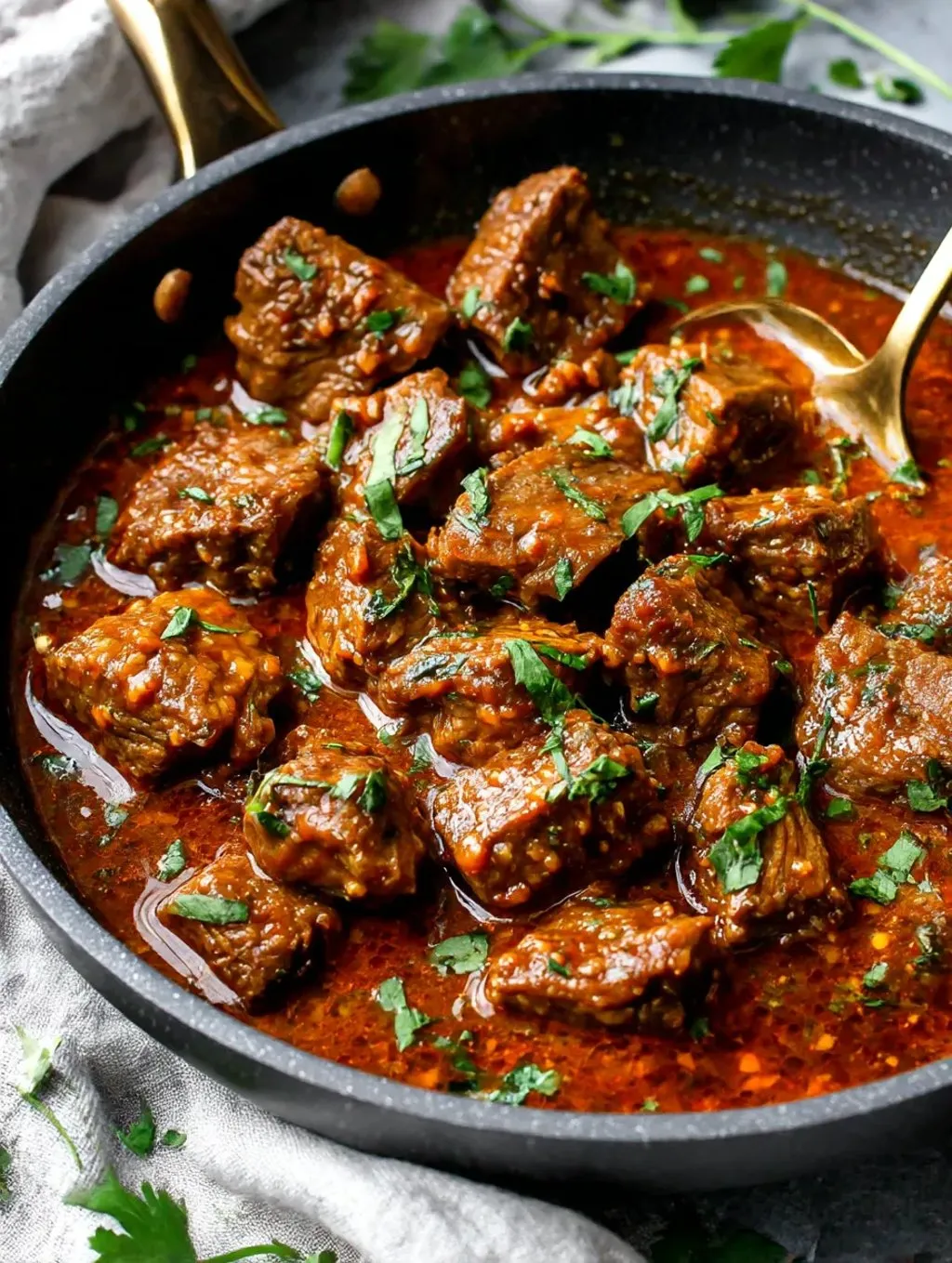 A bowl of meat with tomatoes, asparagus, garlic, and herbs.