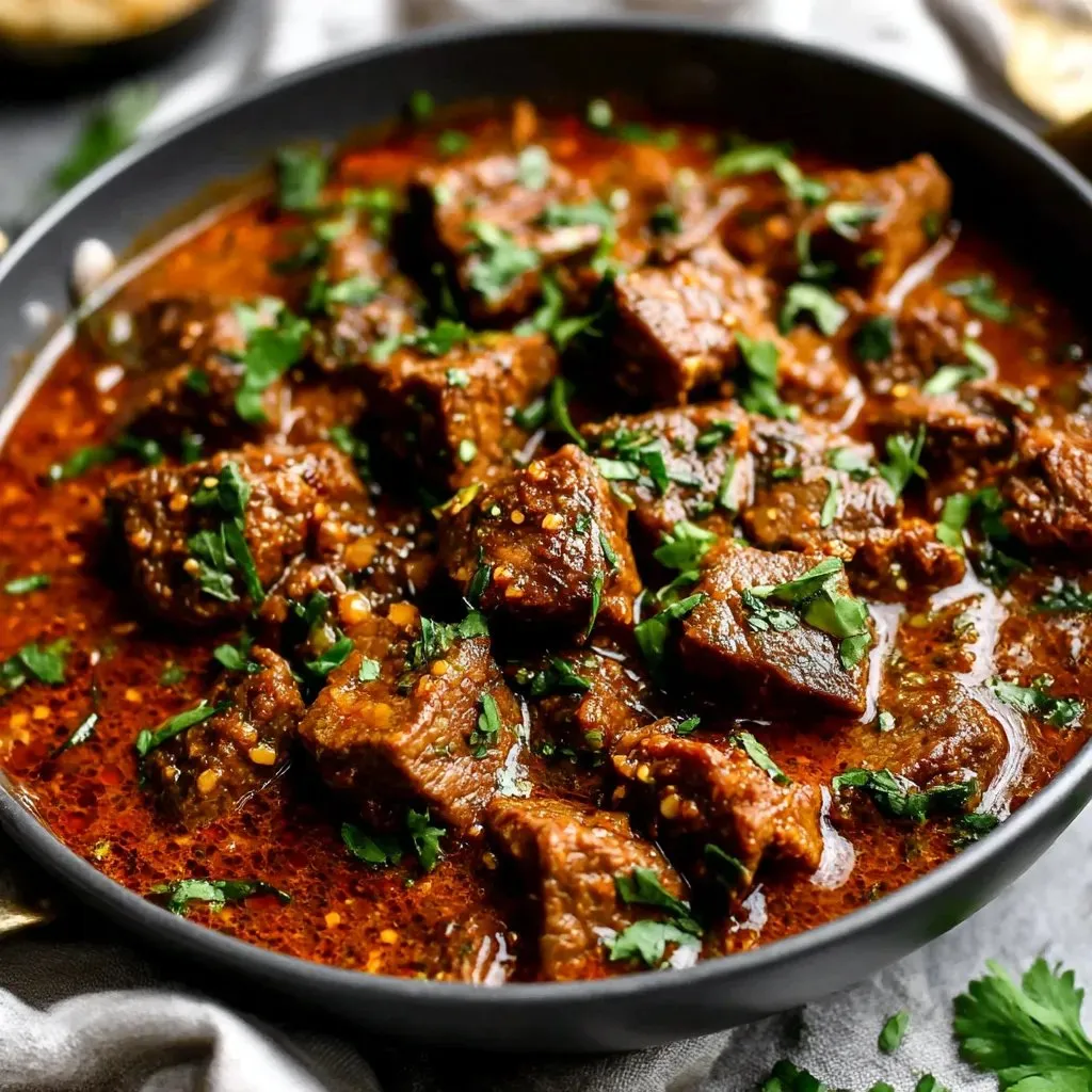 A bowl of meat with tomatoes, asparagus, garlic, and herbs.