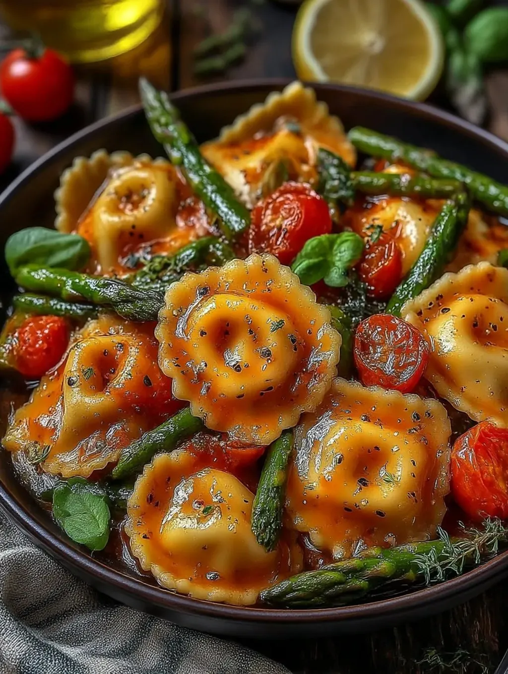 A bowl of Italian food with pasta, tomatoes, and green beans.