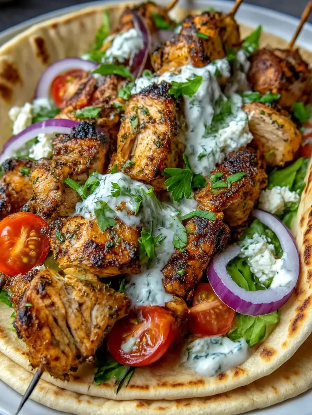 A gyro with chicken, tomatoes, and herbs.