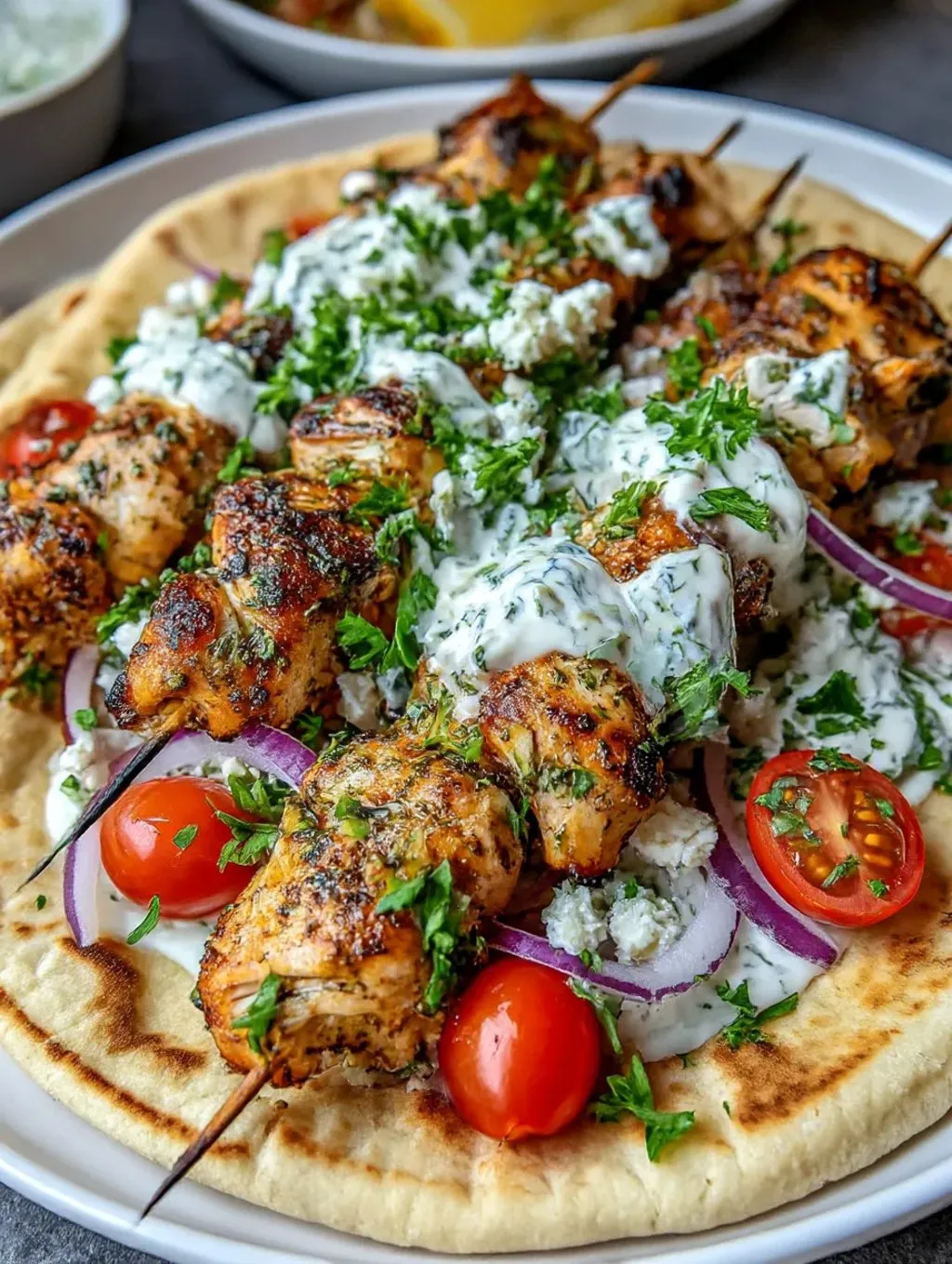A plate of Greek chicken with lemon herb and tomatoes.