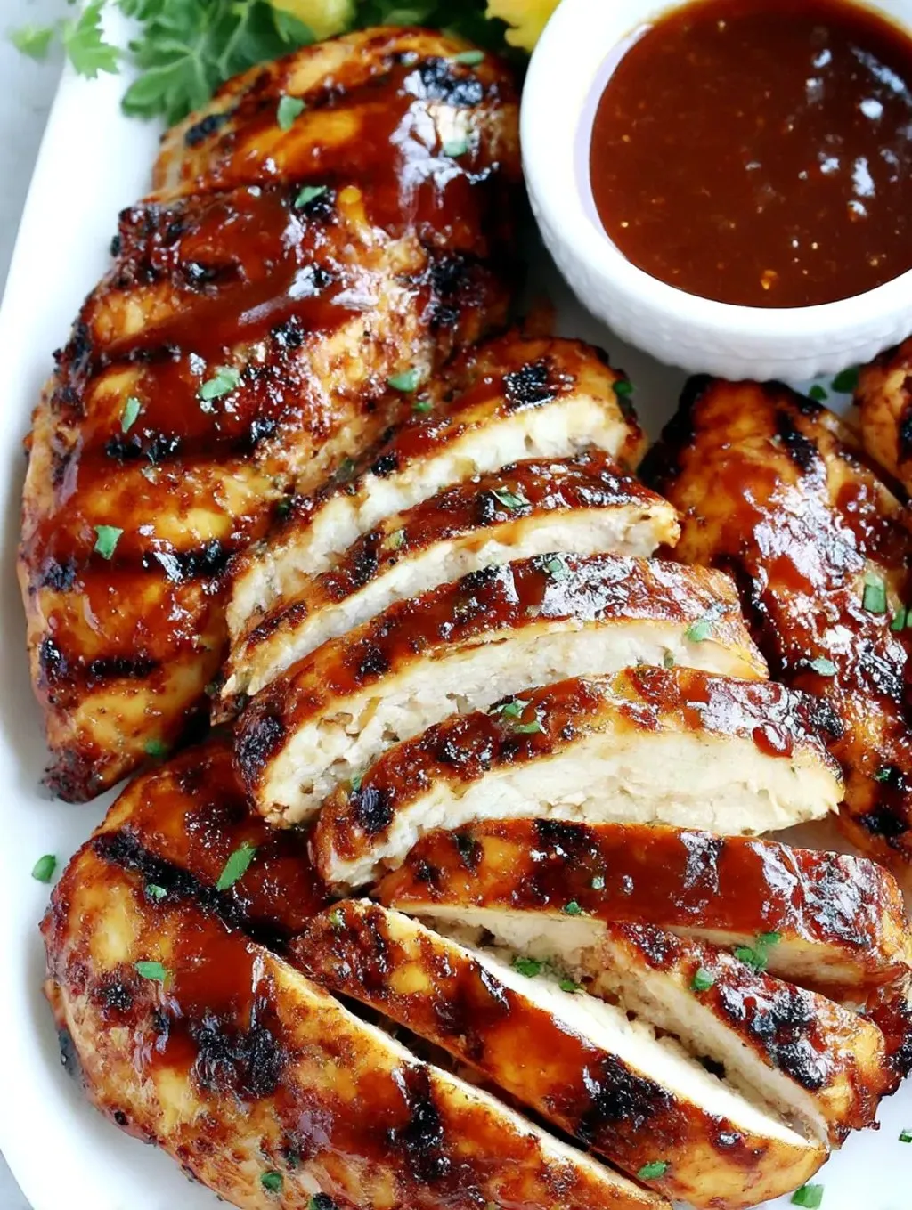 A plate of BBQ chicken with sauce.