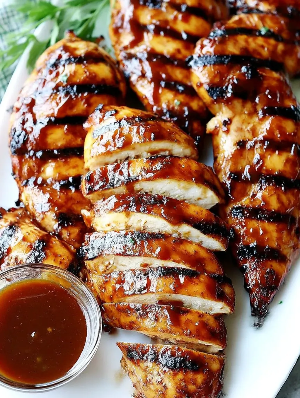 A plate of BBQ chicken with a dipping sauce.
