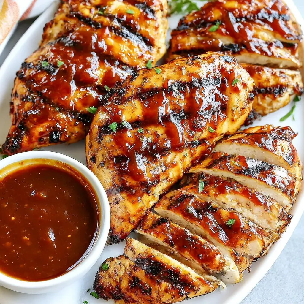 A plate of BBQ chicken with a dipping sauce.