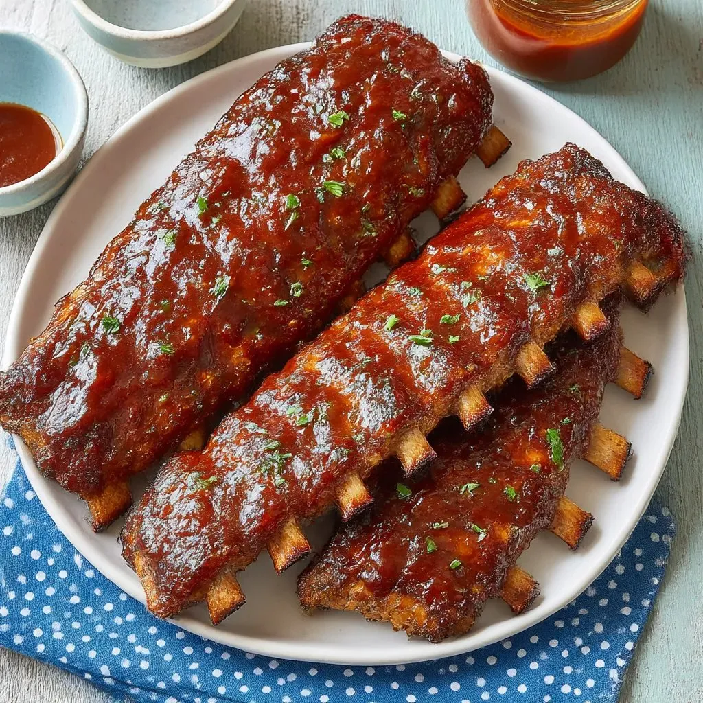 A plate of ribs with sauce on it.