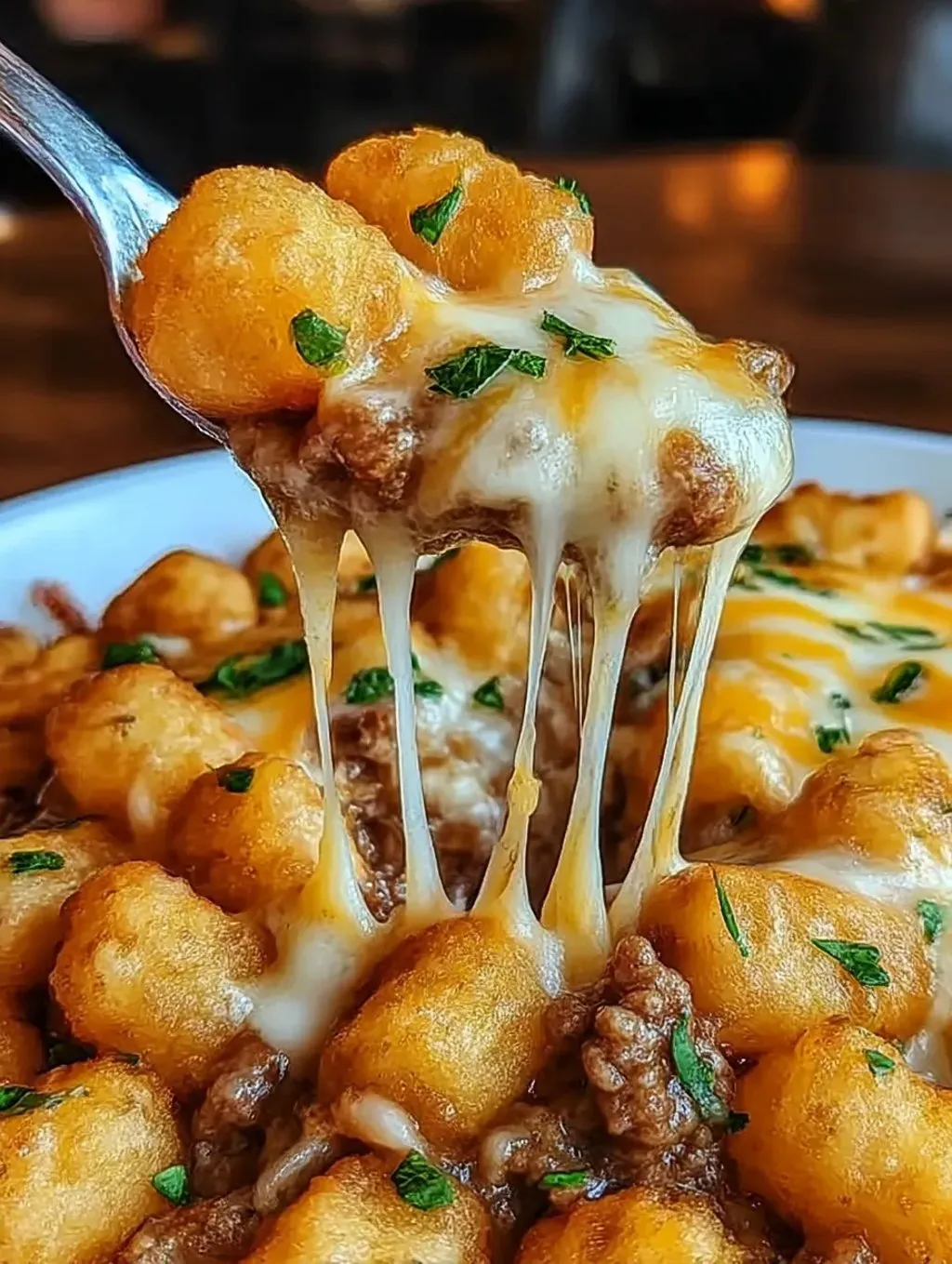 A close up of a delicious cheesy tater tot.