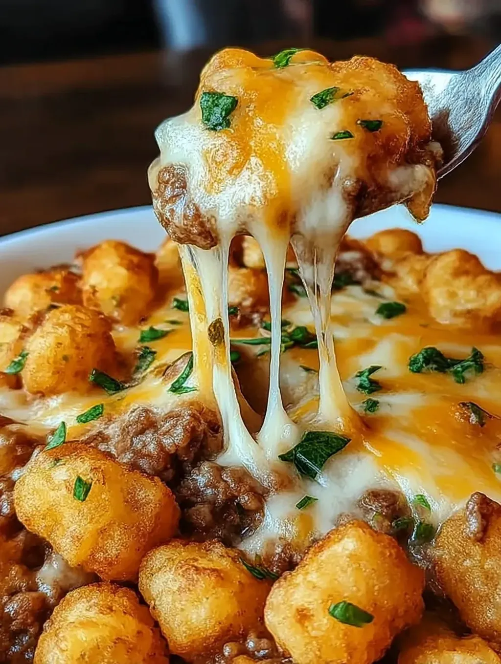 A close up of a cheesy tater tot.
