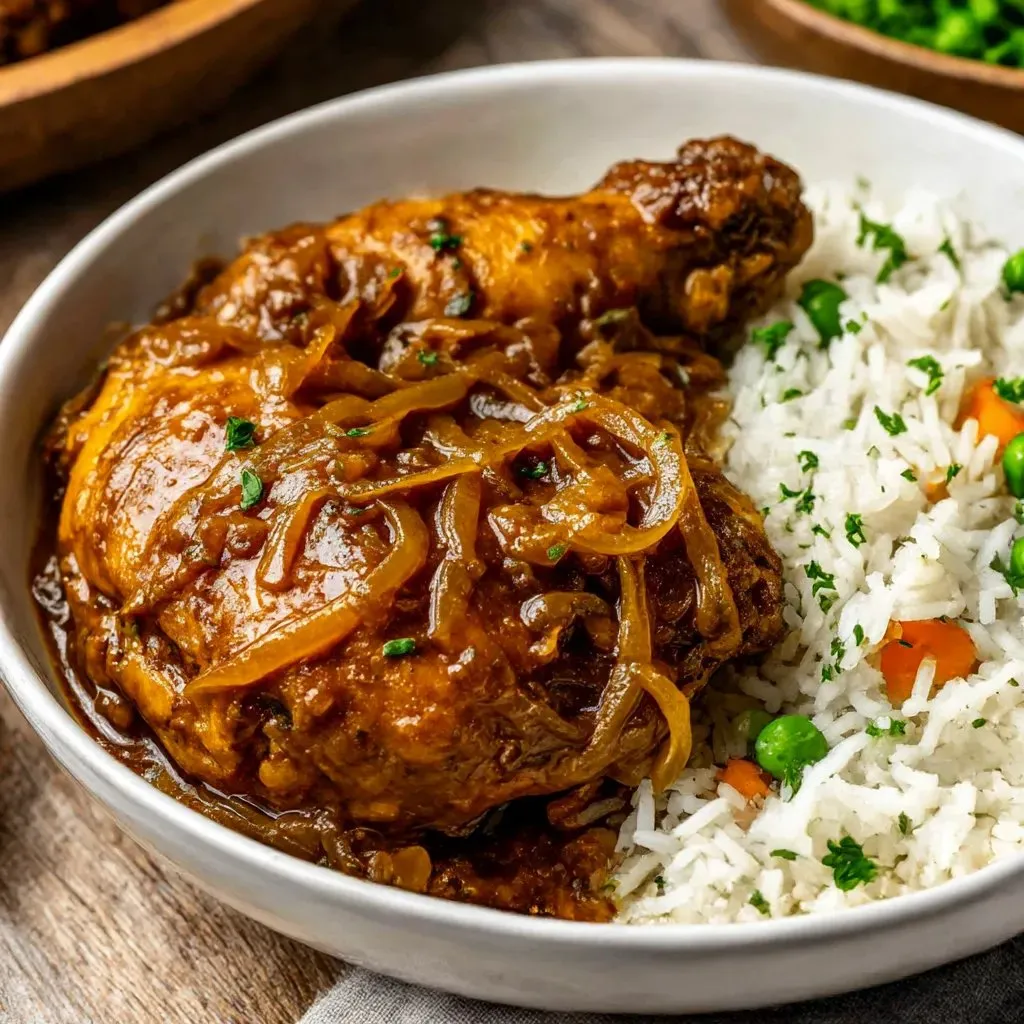 A plate of chicken with rice and onions.