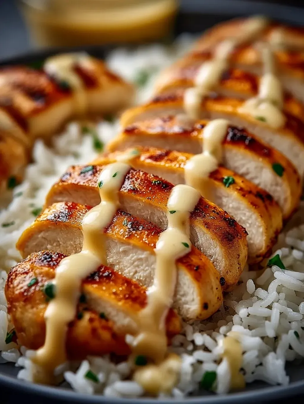 A plate of chicken with rice and creamy garlic sauce.