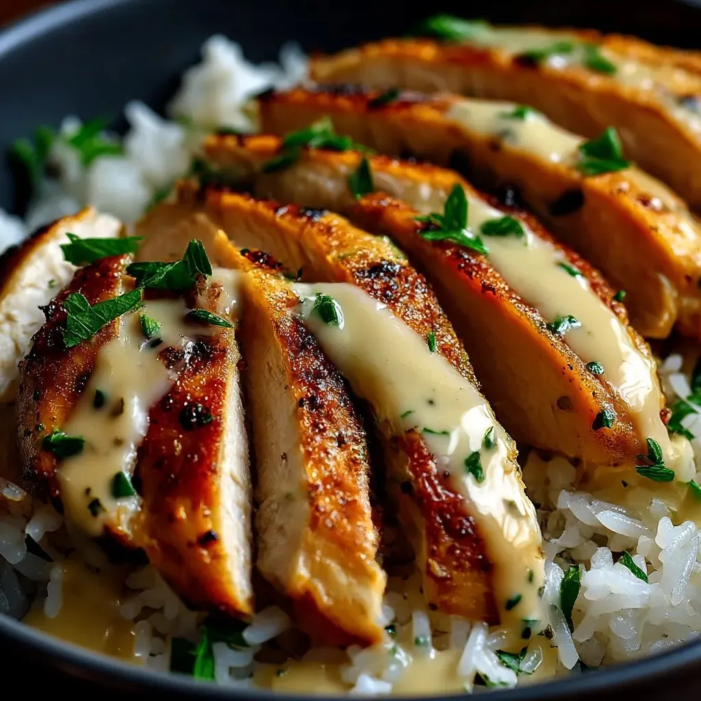 A bowl of rice with chicken and garlic sauce.