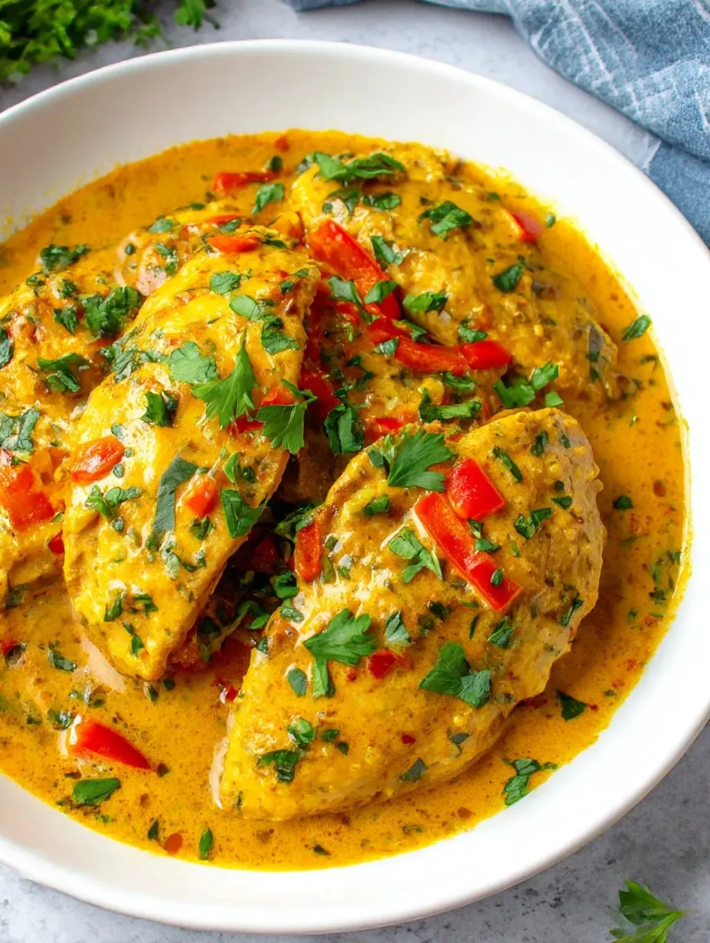 A bowl of baked chicken with red peppers and herbs.