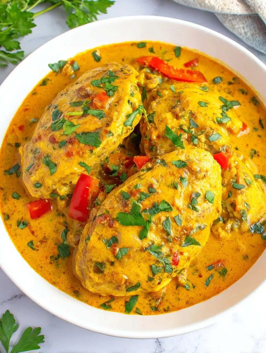 A bowl of baked chicken with vegetables.