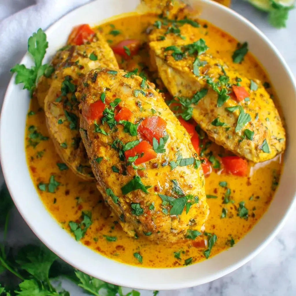 A bowl of baked chicken with tomatoes and herbs.