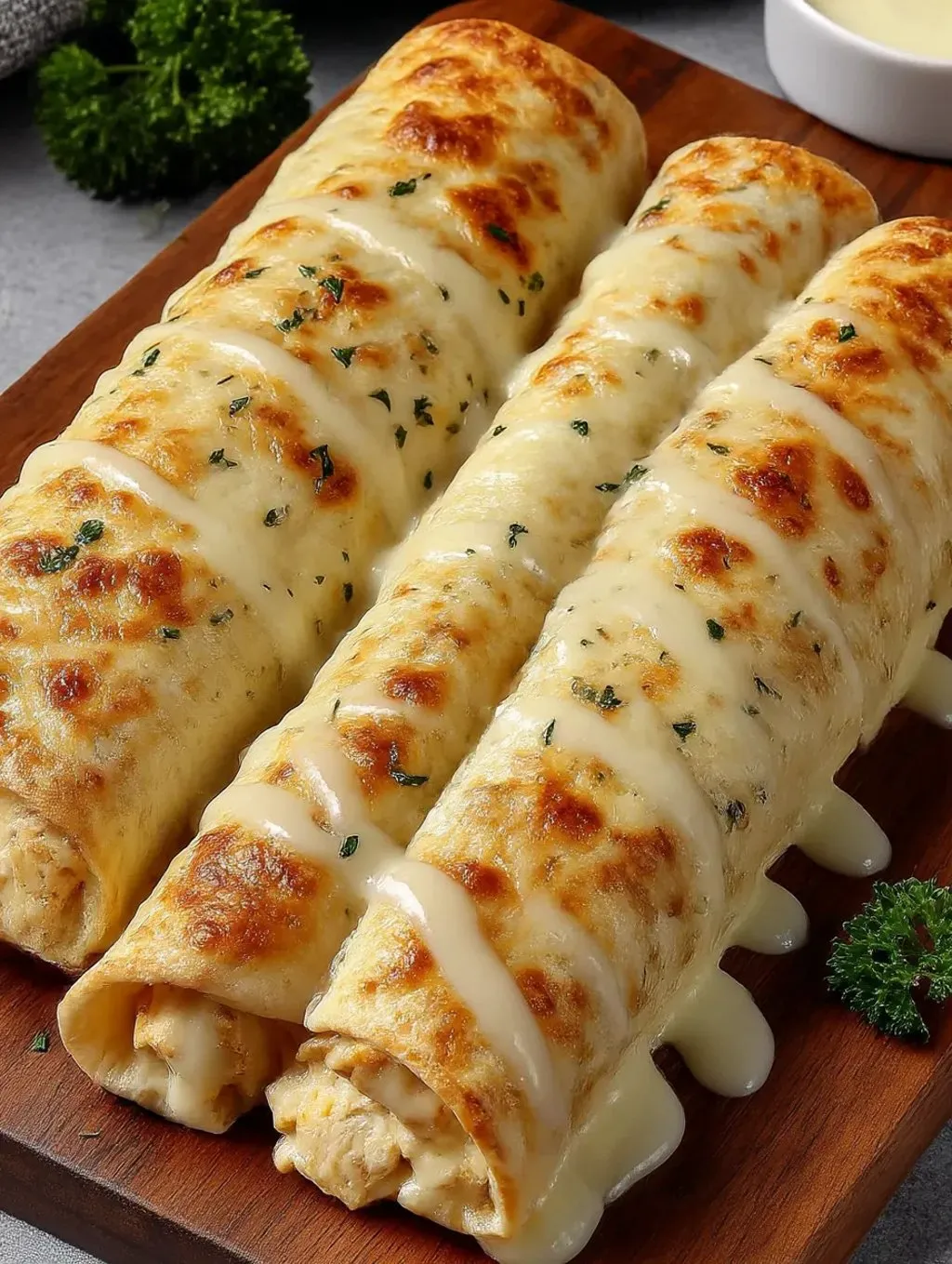 Two garlic chicken cheese wraps on a wooden board.