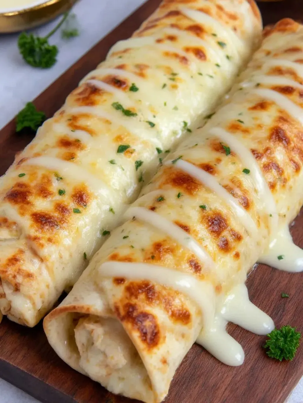 Two garlic chicken cheese wraps on a wooden table.