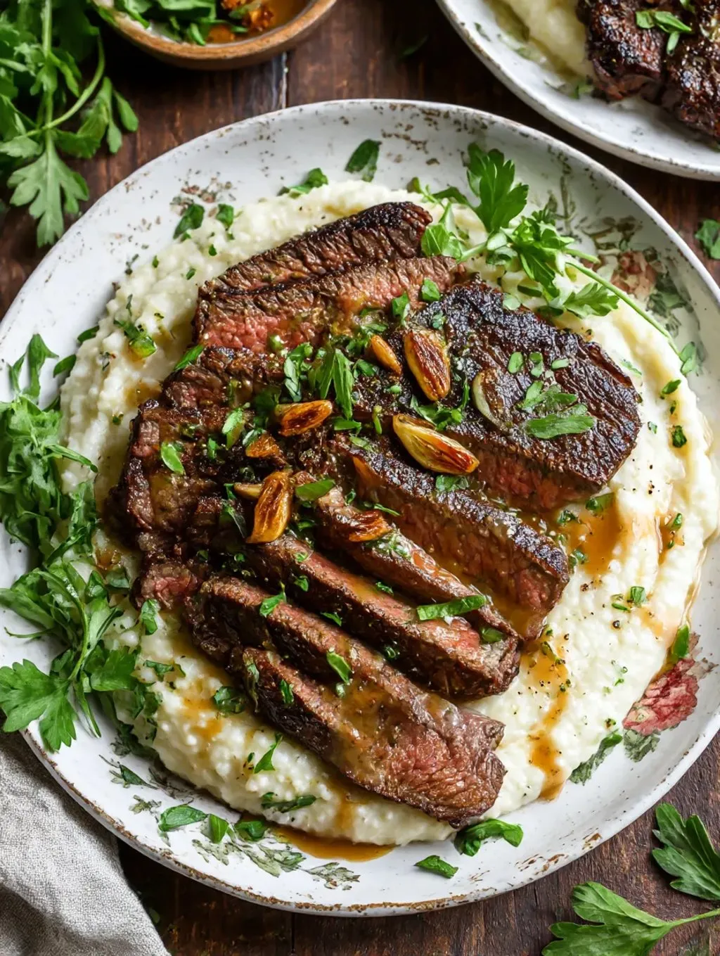 A plate of food with a brown steak and whipped cauliflower.