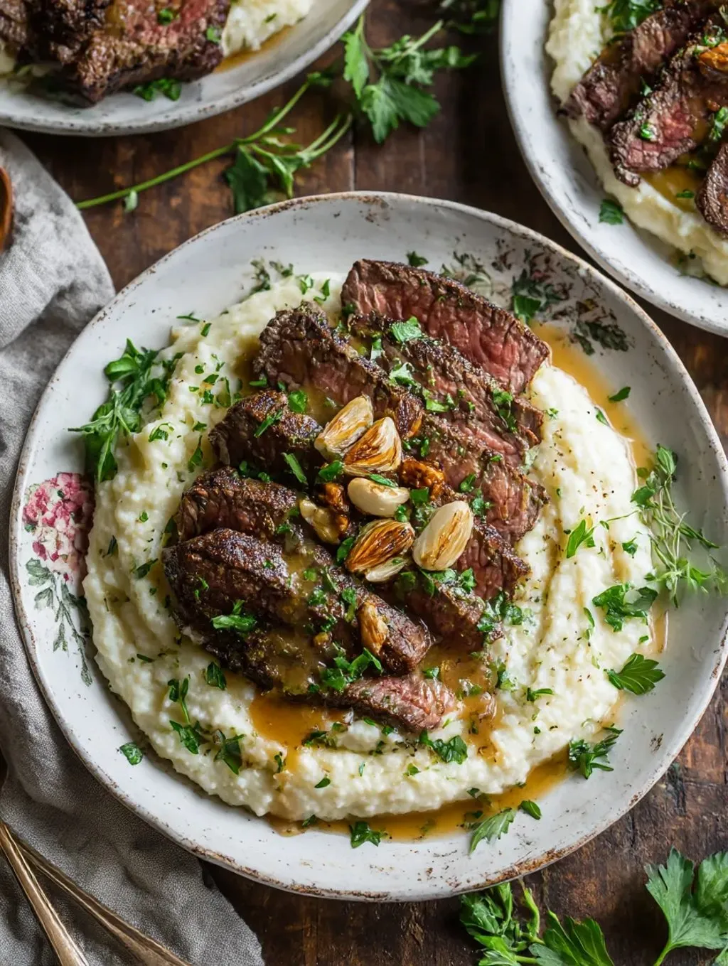 A plate of food with meat and mashed potatoes.