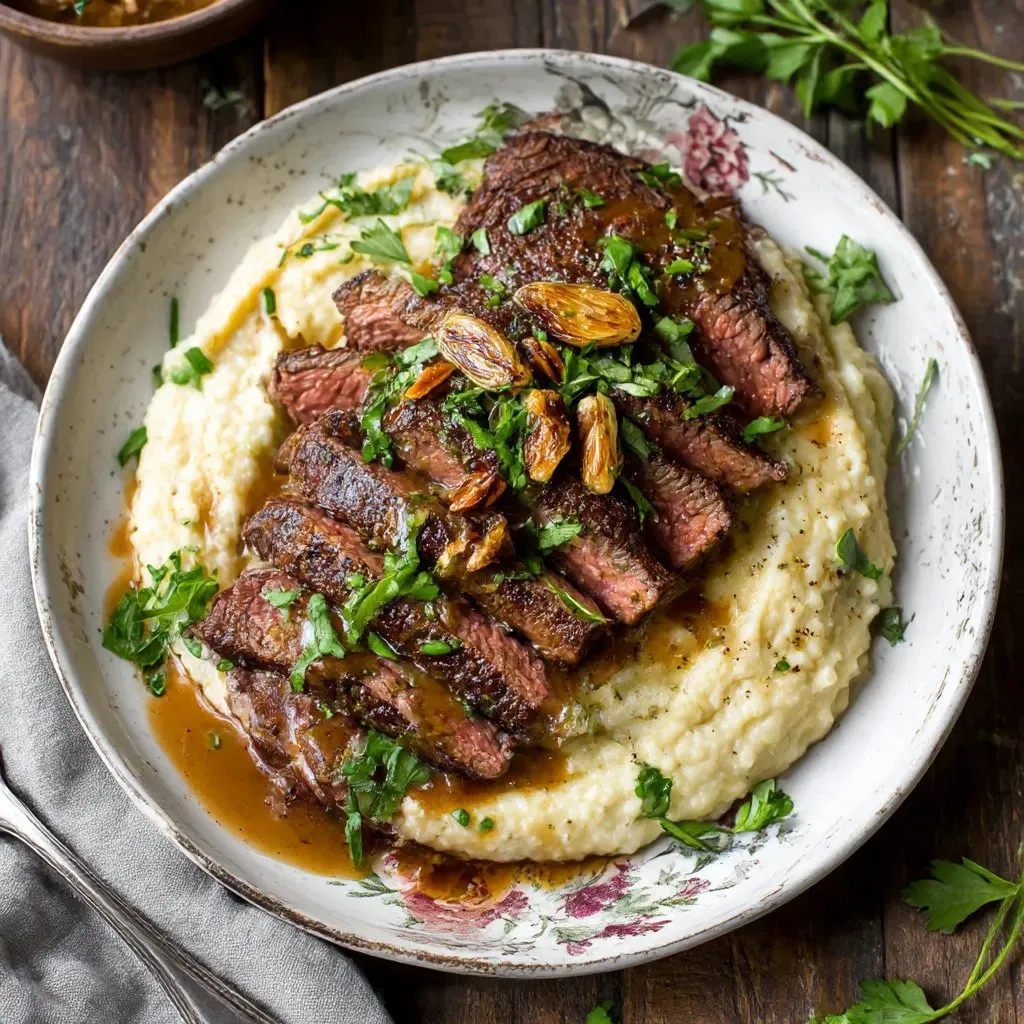 A plate of food with a steak and a side of mashed potatoes.