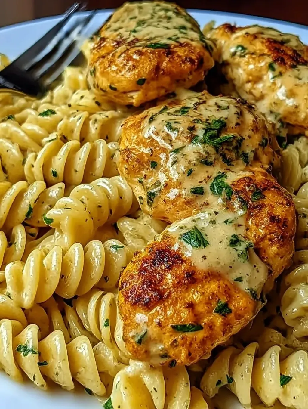 A plate of pasta with chicken and garlic sauce.