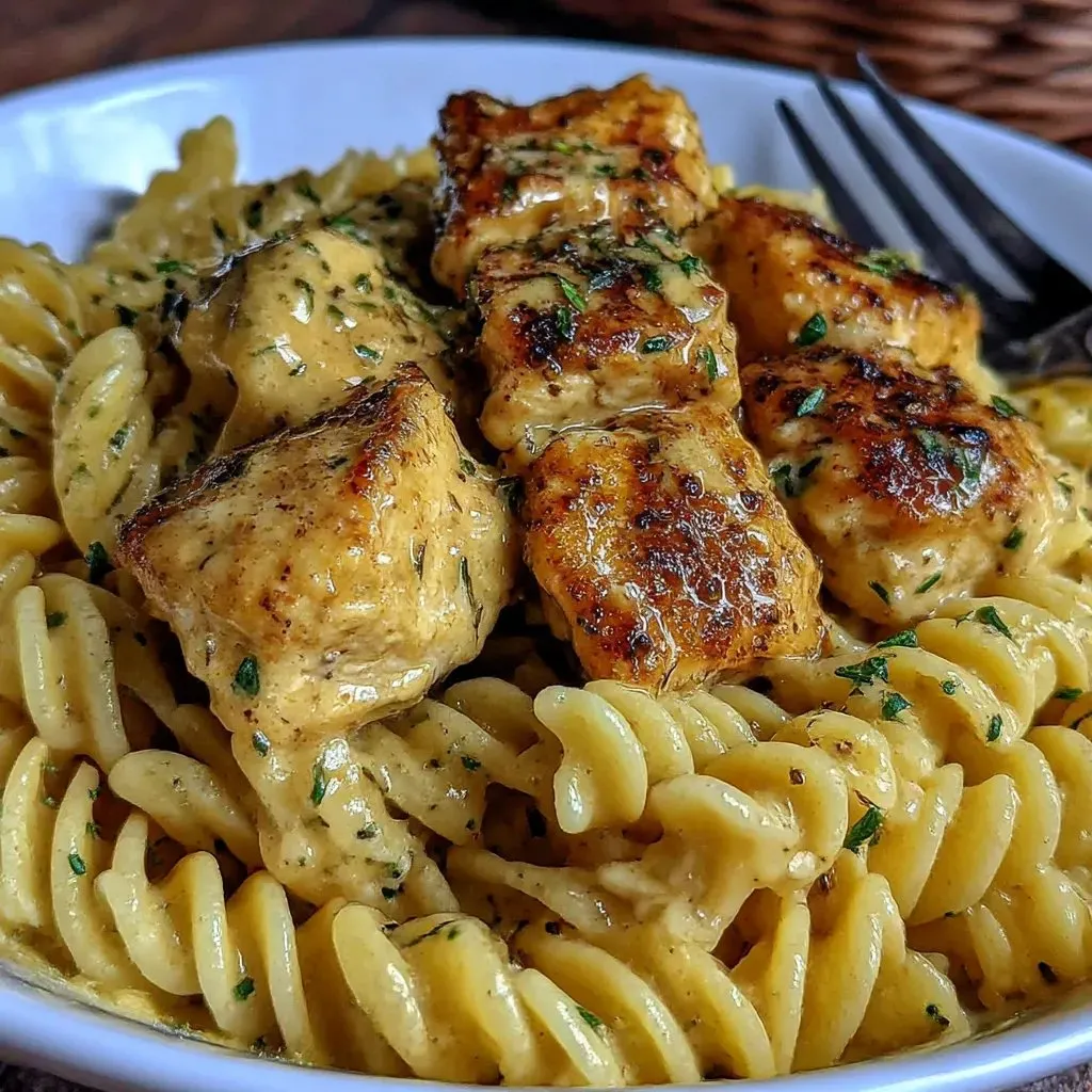 A plate of creamy garlic parmesan chicken pasta.