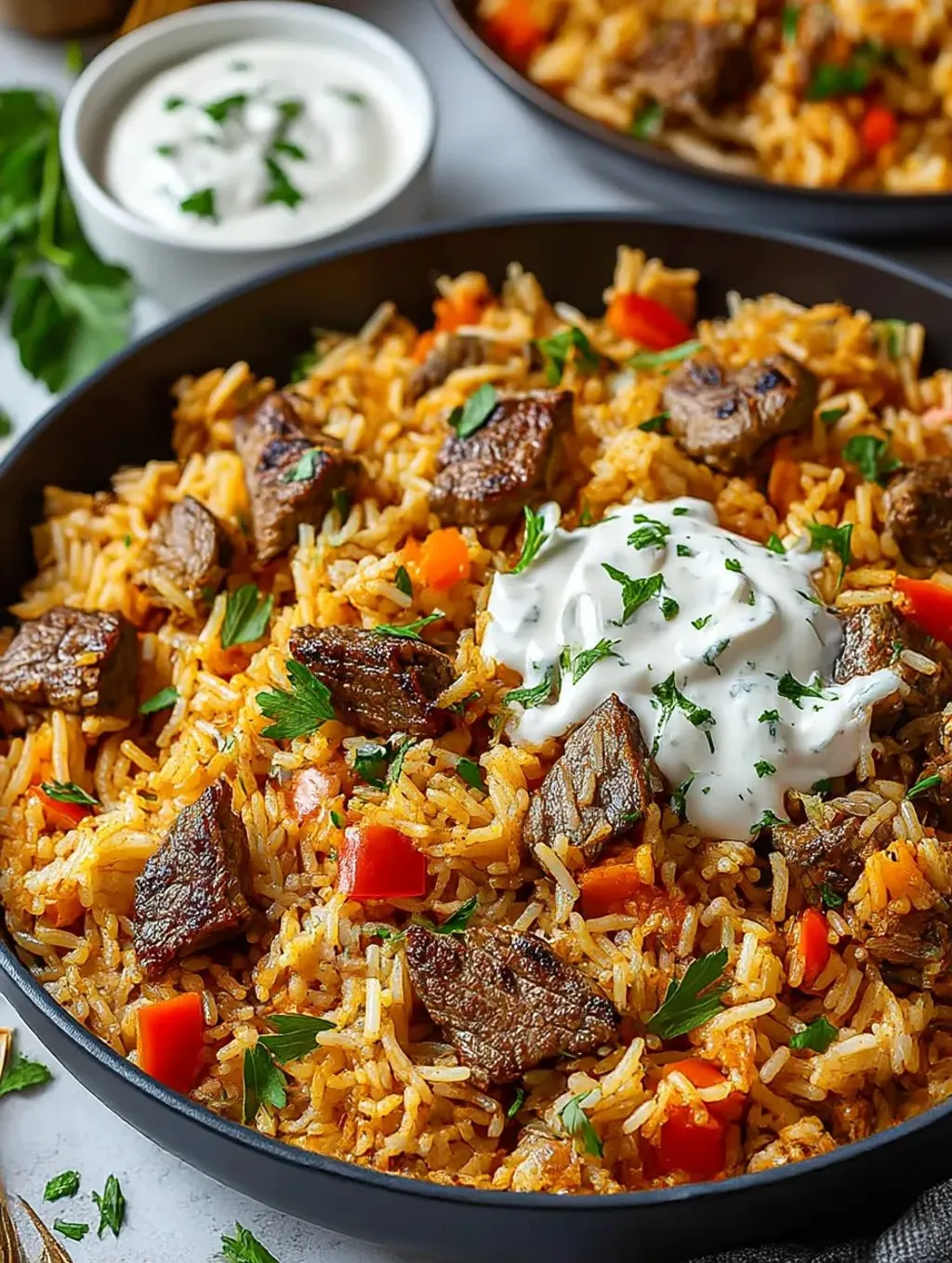 A bowl of rice with meat and cheese on top.