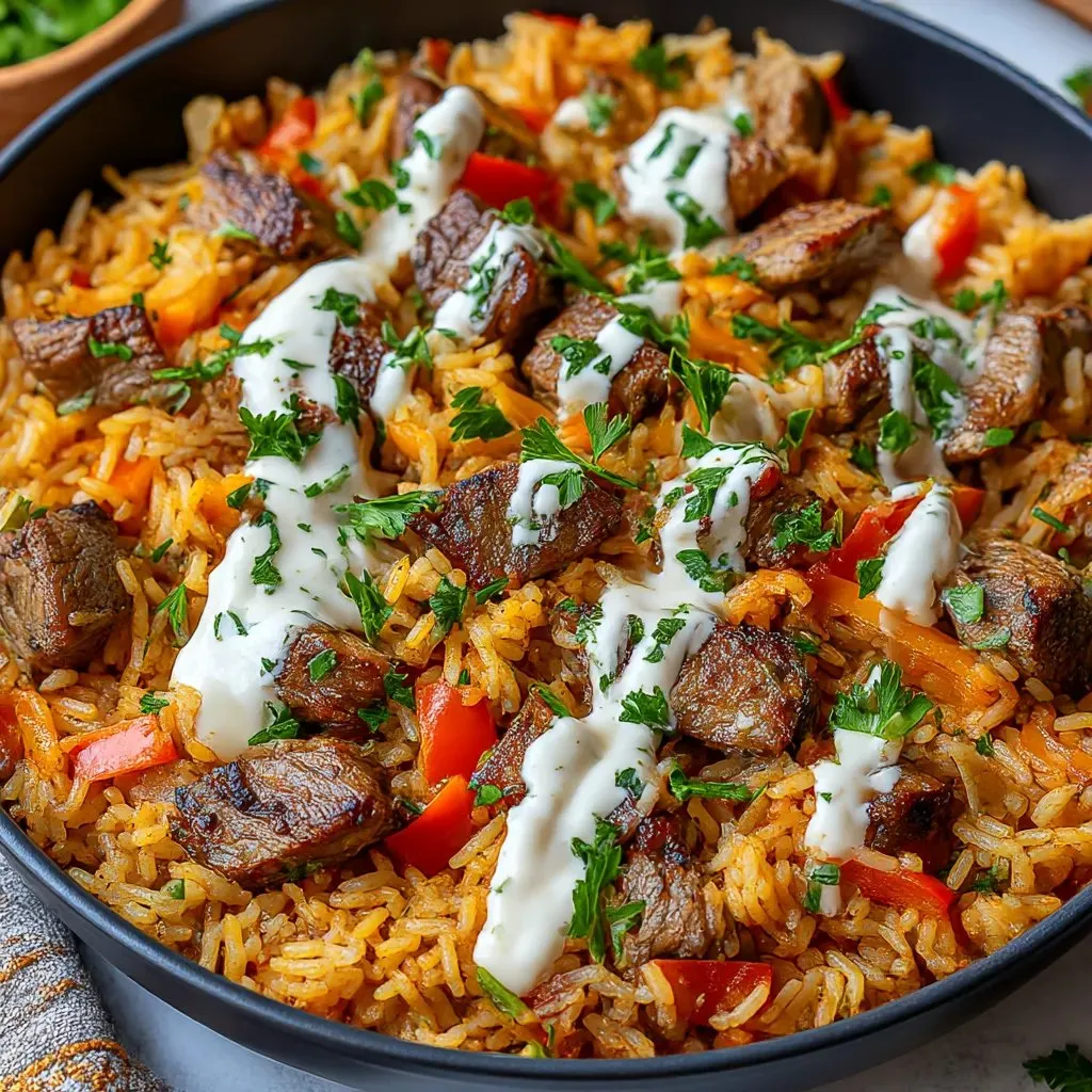 A delicious steak queso rice bowl.