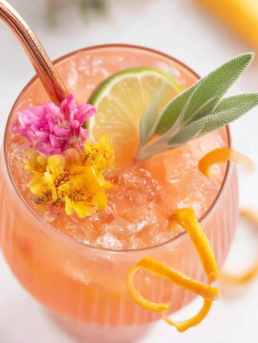 A glass of pineapple mango rum punch with a slice of lemon and a sprig of mint.