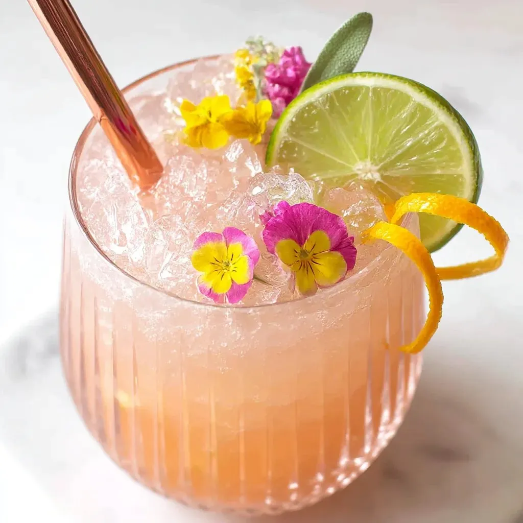 A glass of pink pineapple mango rum punch.