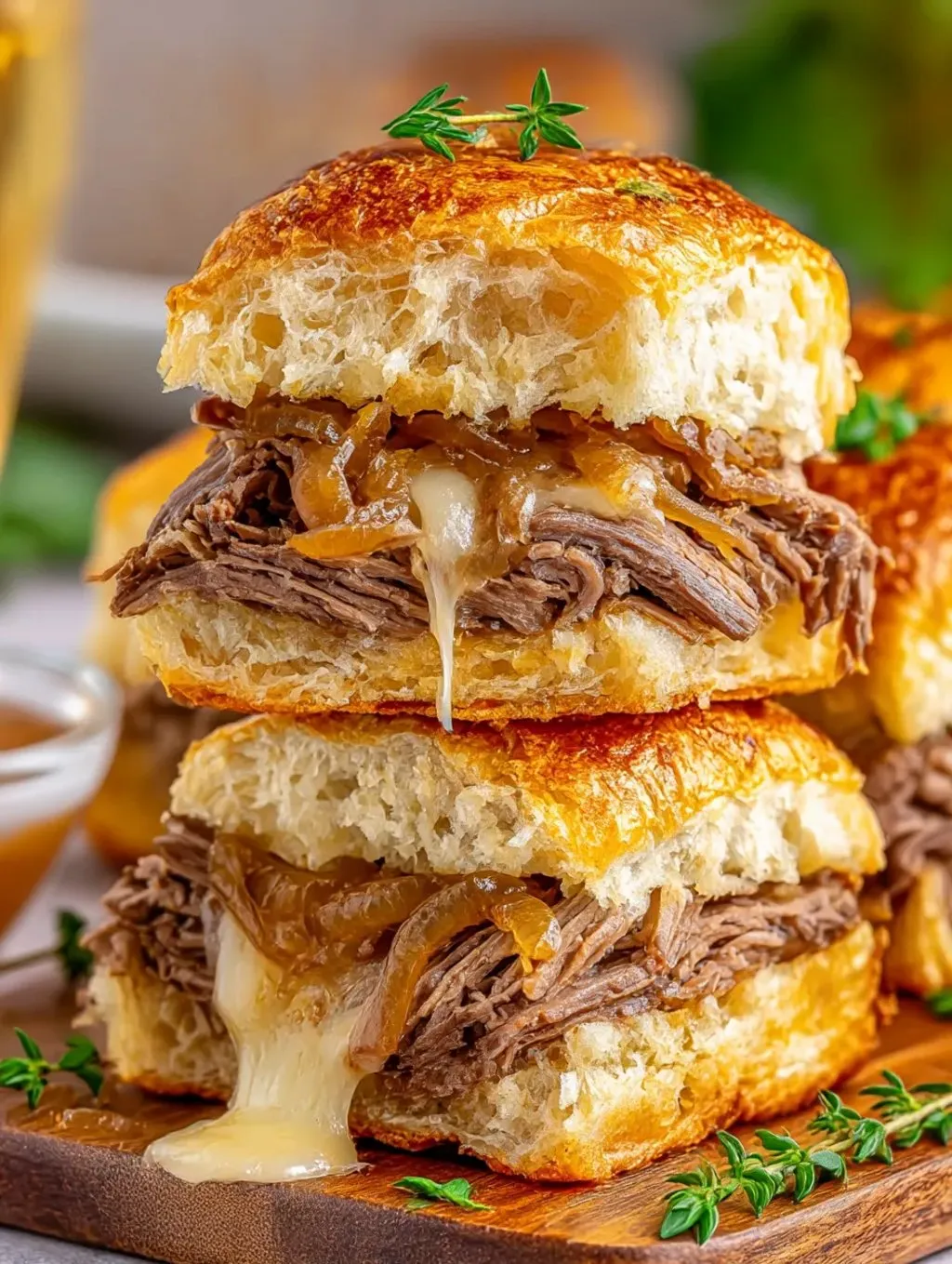 A stack of French dip sandwiches with cheese.