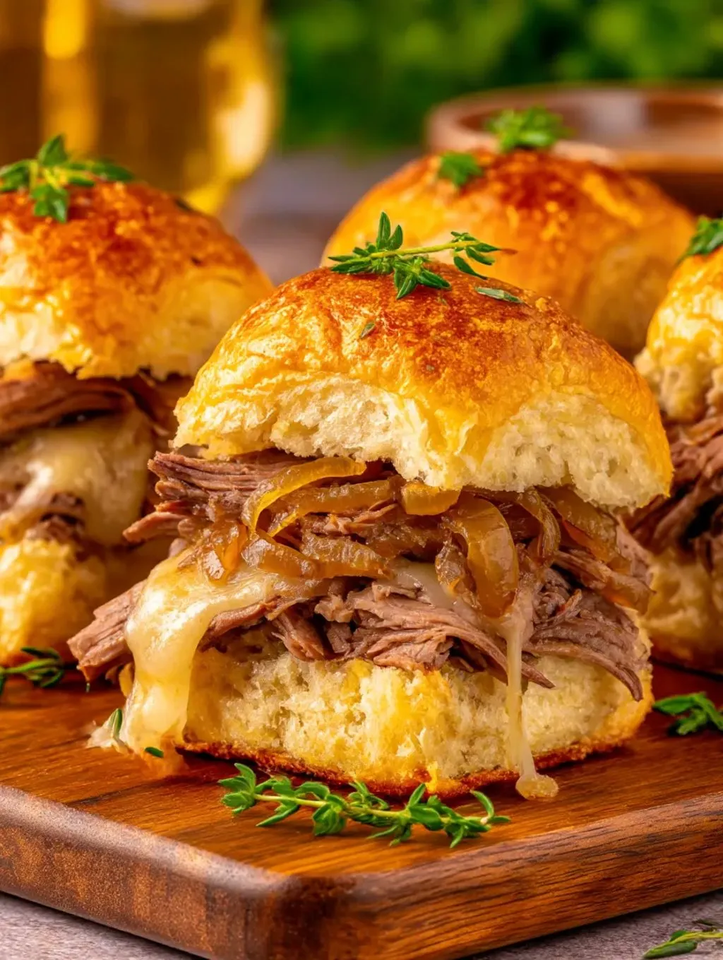 Three easy French dip sliders with onions and cheese.