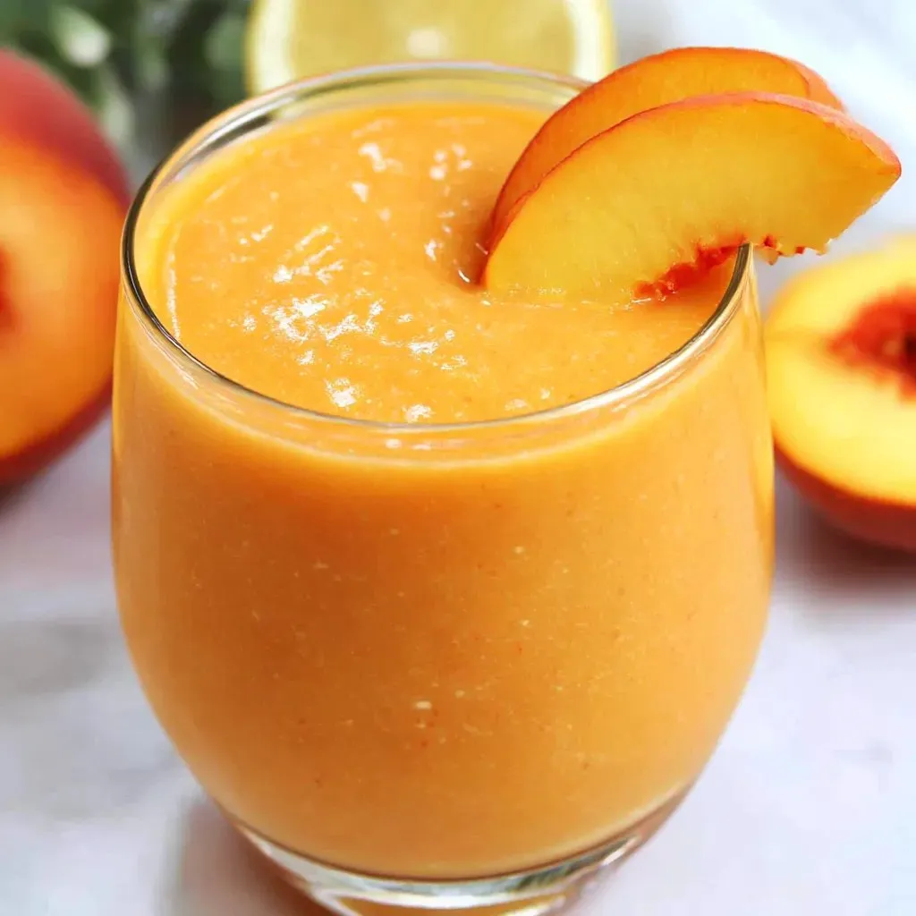 A glass of fresh peach blender juice.