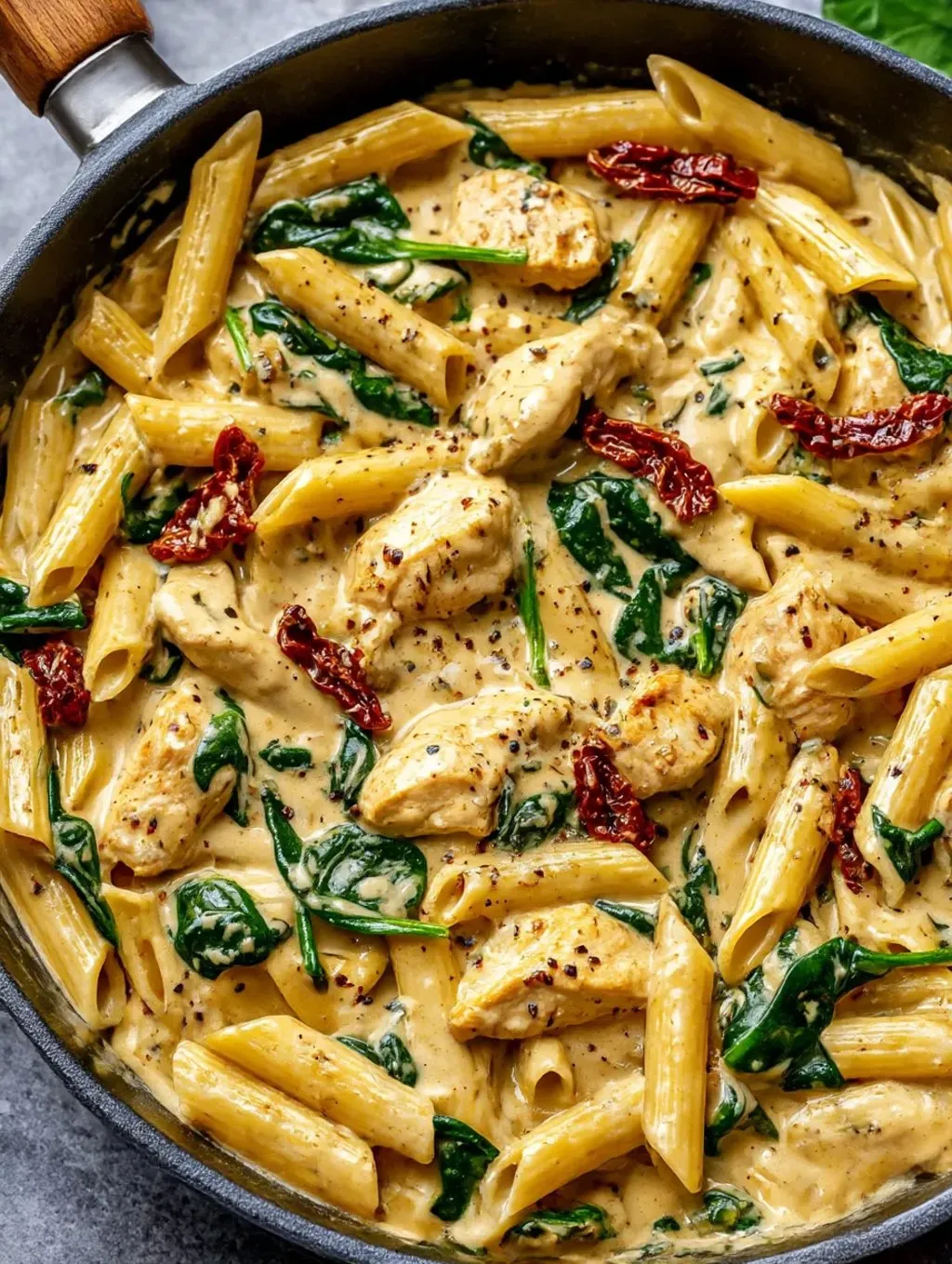 A creamy chicken pasta dish with green vegetables.