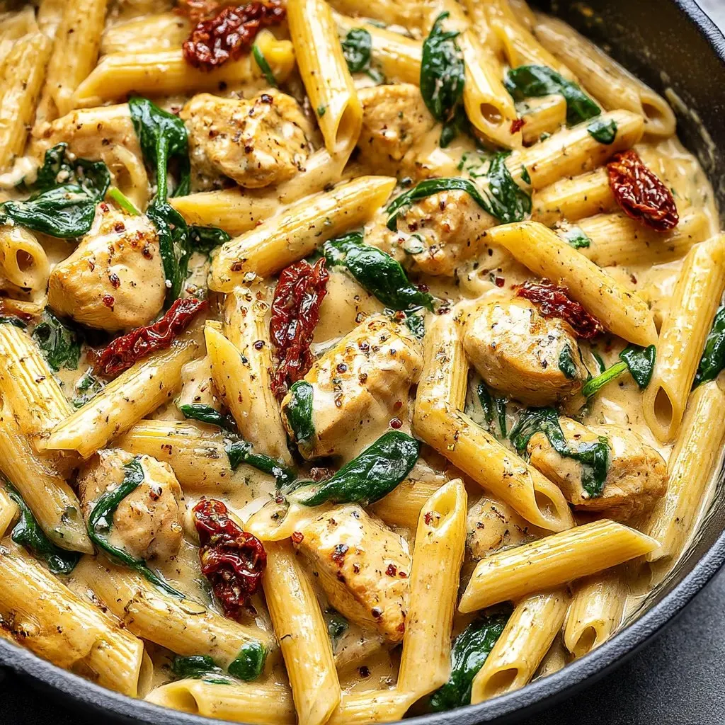 A creamy chicken pasta dish with a variety of ingredients.