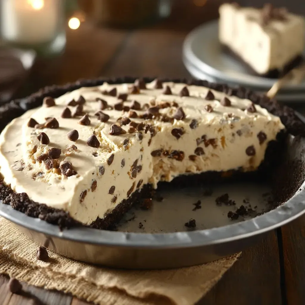 A slice of chocolate chip peanut butter pie.