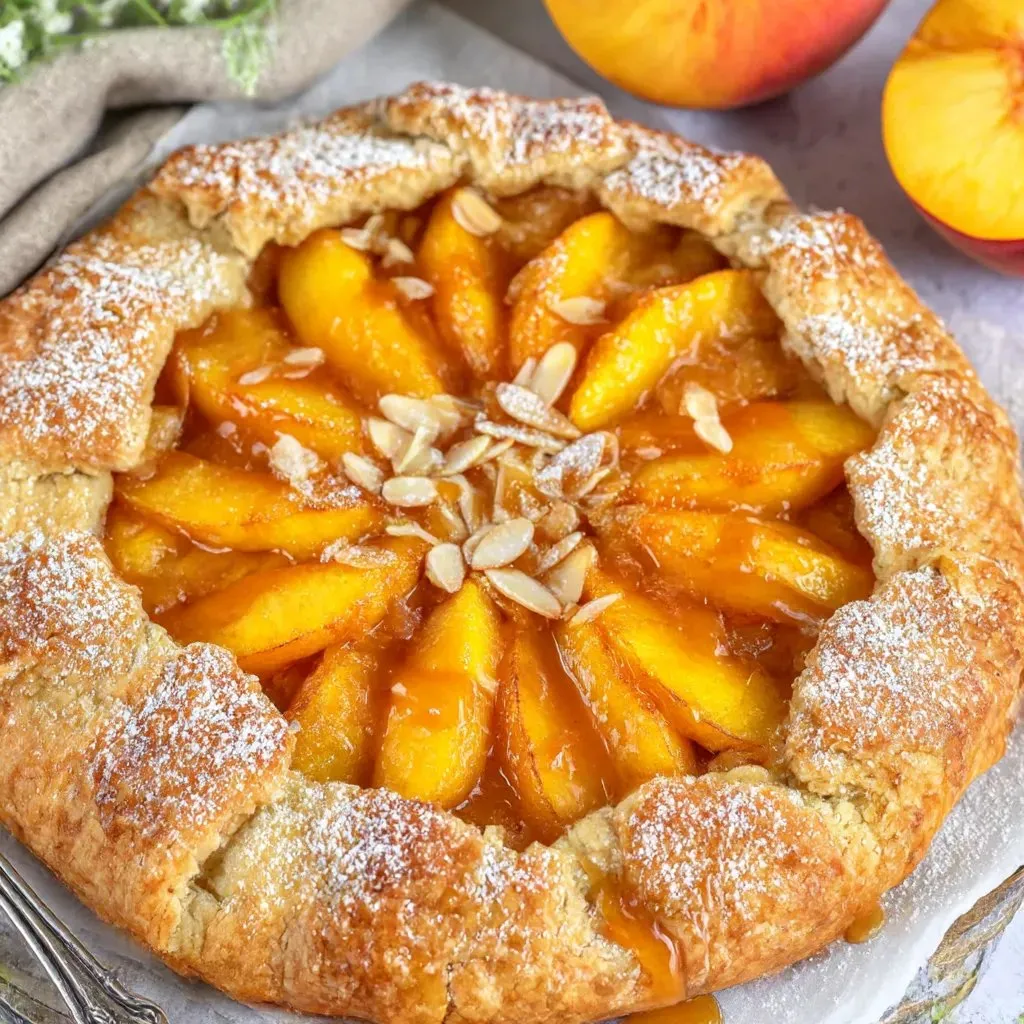 A peach galette with a golden crust and a dollop of whipped cream on top.