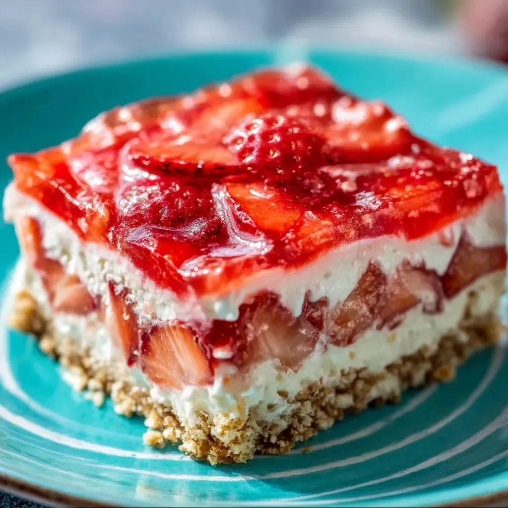 A slice of strawberry pretzel jello salad.