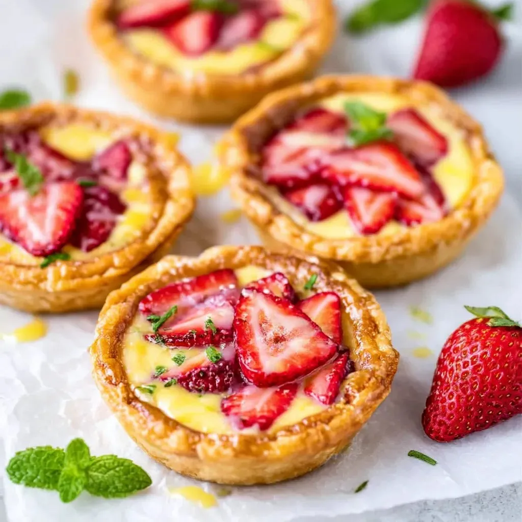 Four custard tarts with strawberries on top.