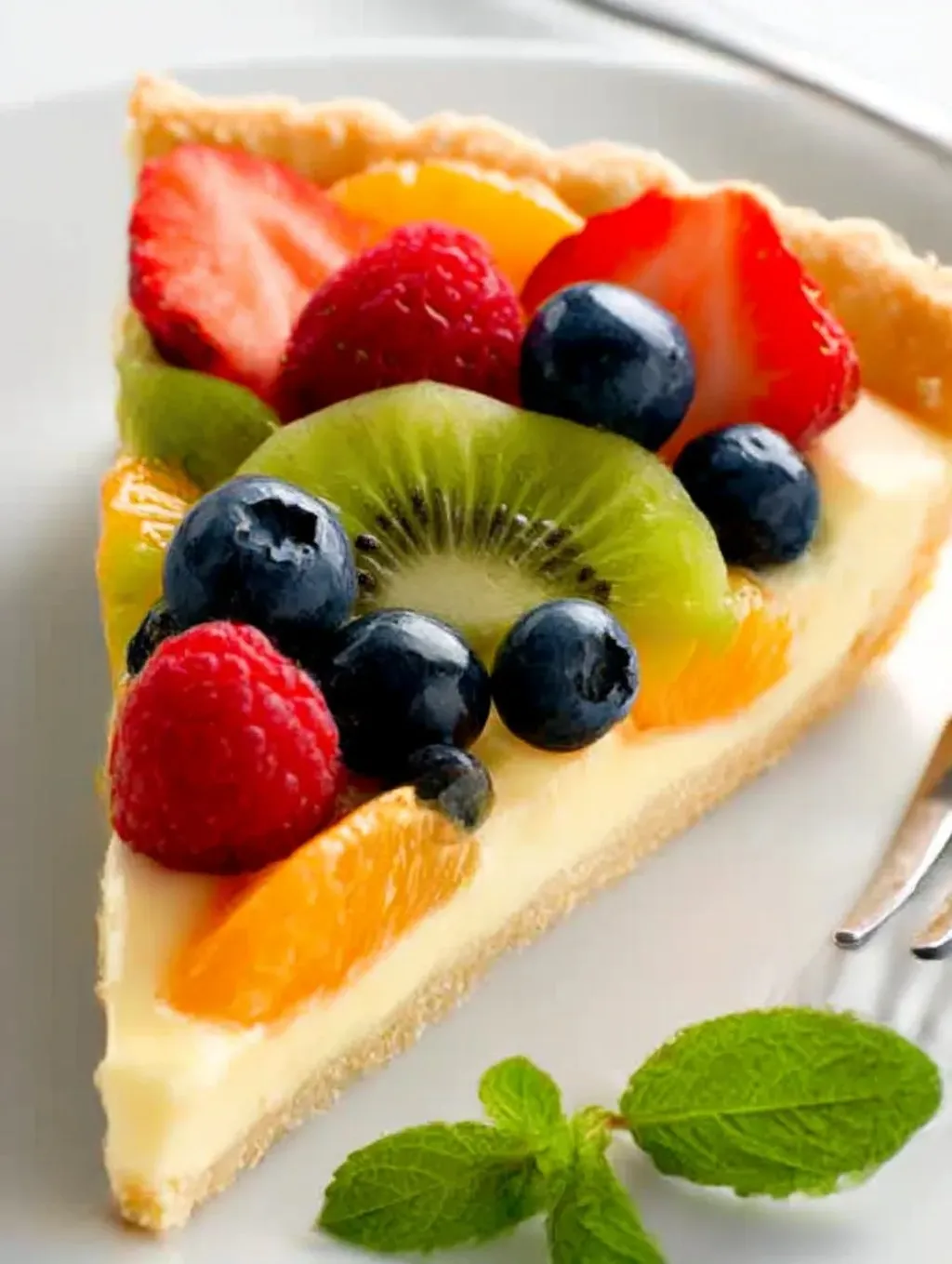 A slice of a fruit tart with kiwi, strawberries, blueberries, and raspberries.