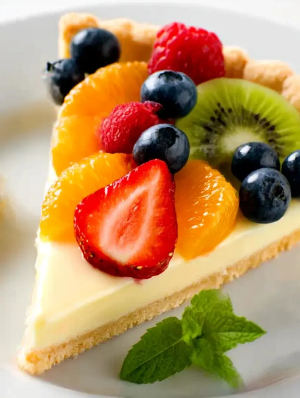 A slice of a fruit tart with strawberries and blueberries.